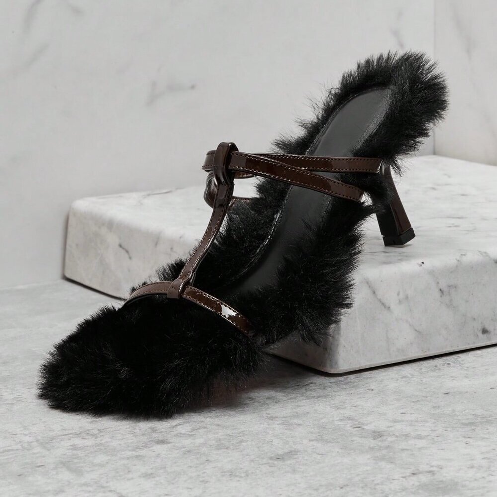 Black Bohemian Women's Versatile Faux Fur Slip-On Heeled Sandals